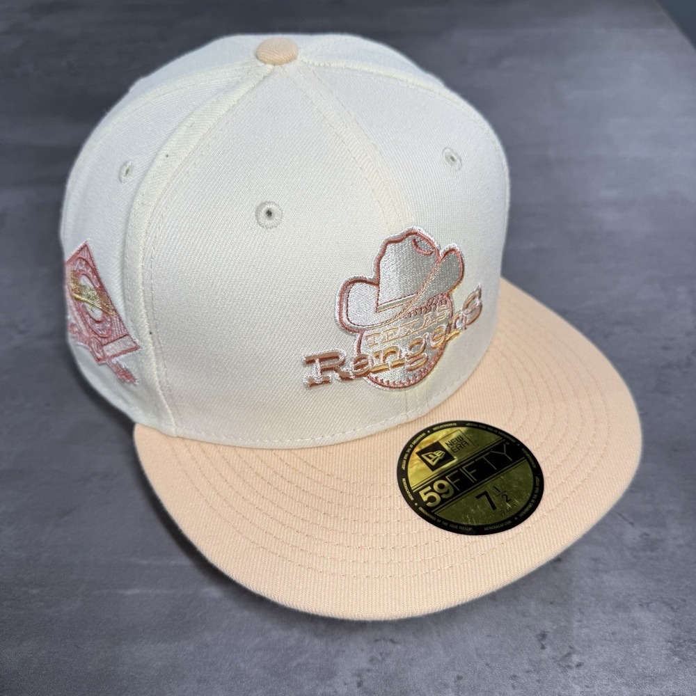 Hat Club Texas Rangers New Era Cap 7 1/2 Cream White Gold Pink Side Patch Cowboy
